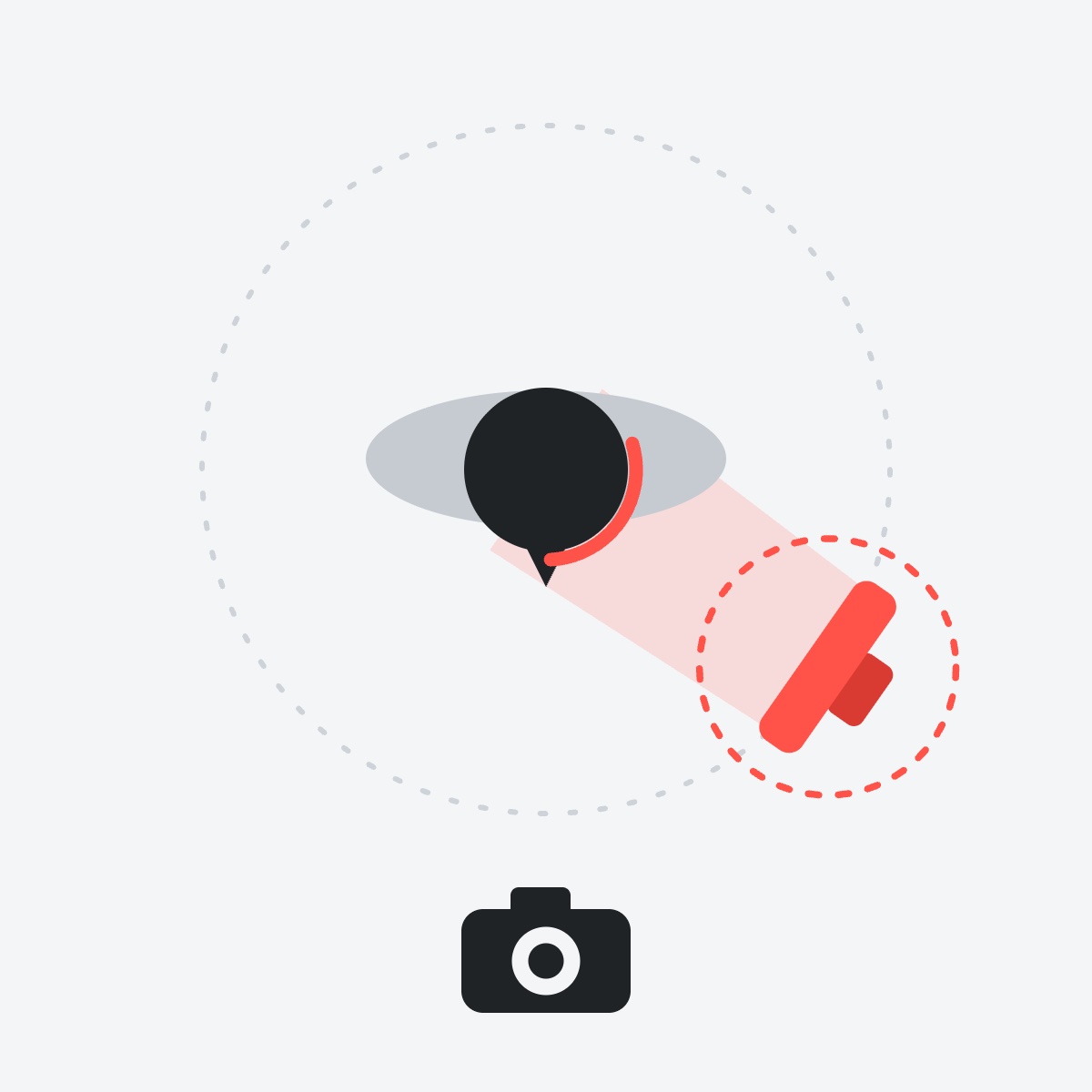 Top-view diagram of Rembrandt lighting with the light 55 degrees to the right of the camera and raised high