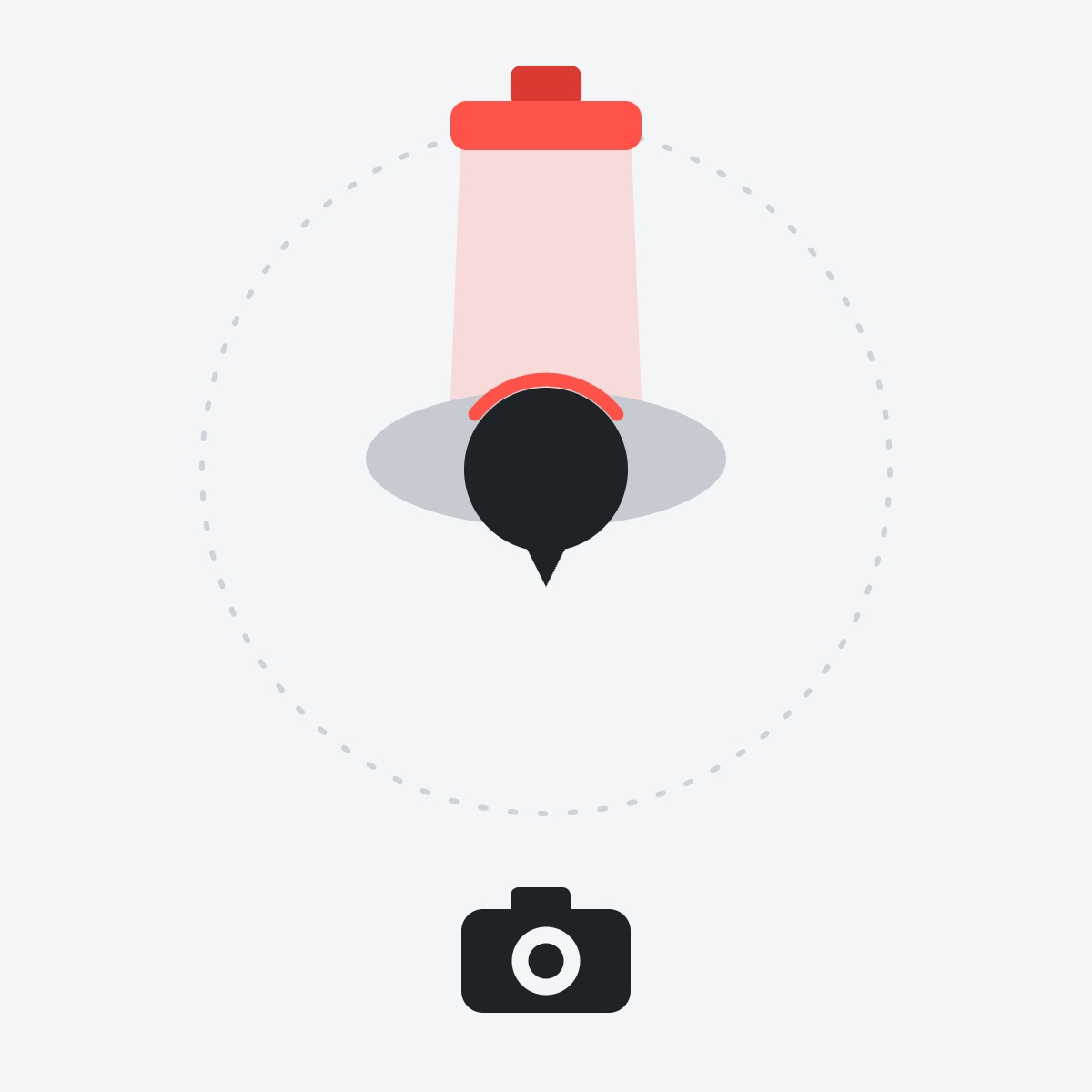 Top-view diagram of rim lighting with the light directly behind the subject, pointing back toward the camera