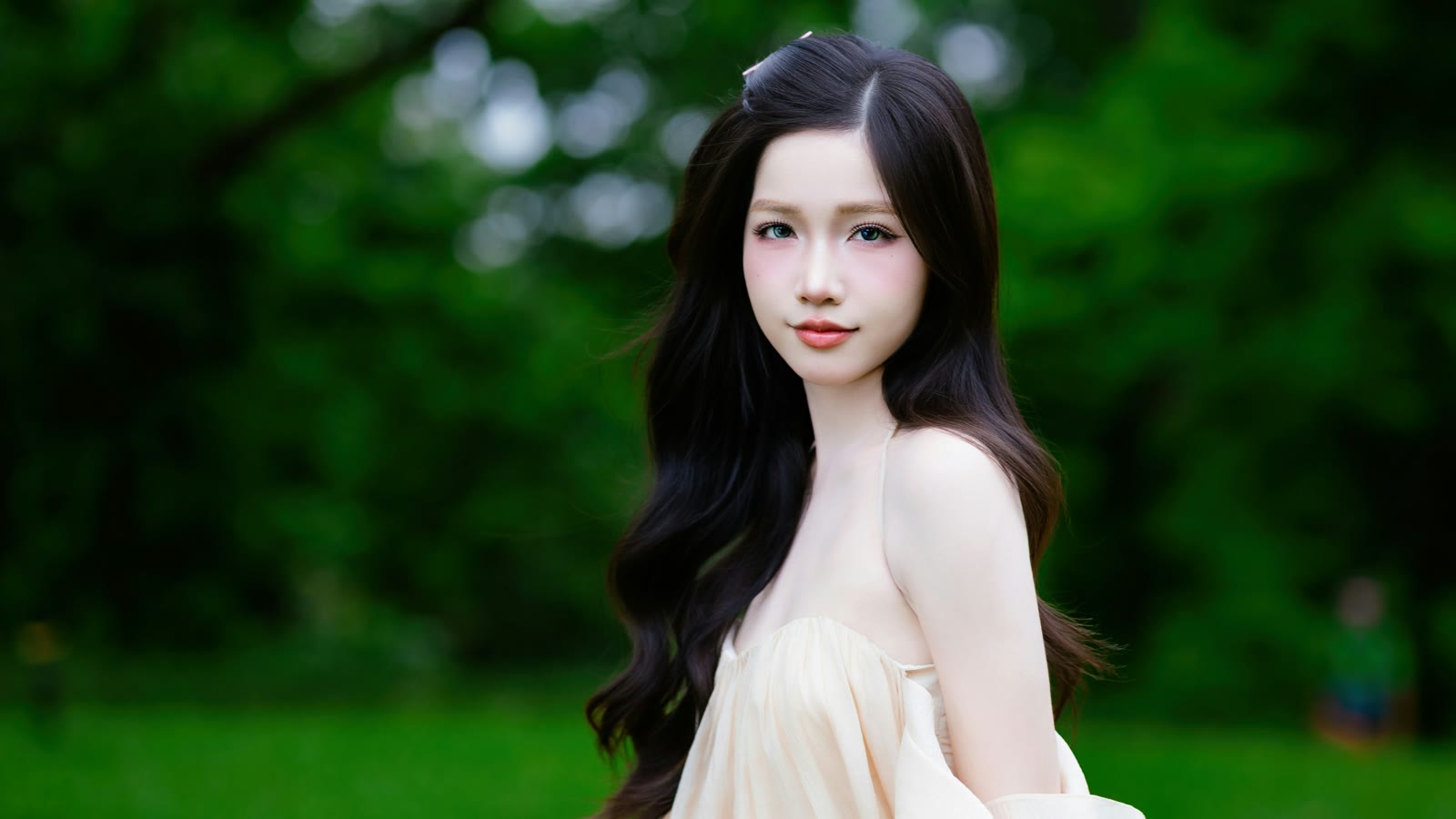 Young woman with long dark hair in a light dress in front of green trees, before the LUT