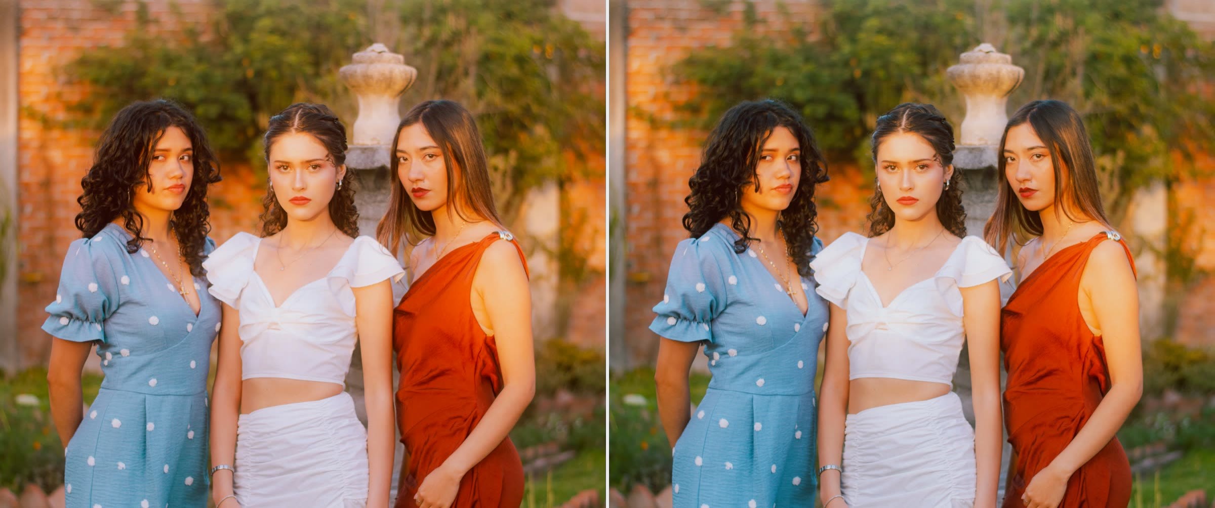 Three women in a garden at sunset, the left half as shot, the right half with the Crisp Slate LUT applied